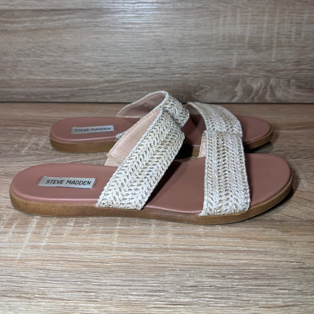 Steve Madden Beige Woven Dual Strap Slides Sandals Tan Size 8.5 Slip On Shoes - Picture 2 of 10